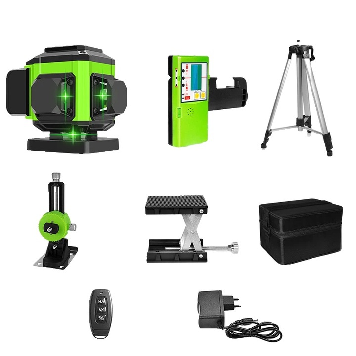 Лазерен нивелир, 12 линии, зелен лъч, самонивелиране, магнитна стойка, повдигаща се платформа, дистанционно управление, платнена чанта, зарядно устройство, статив 1,5 м