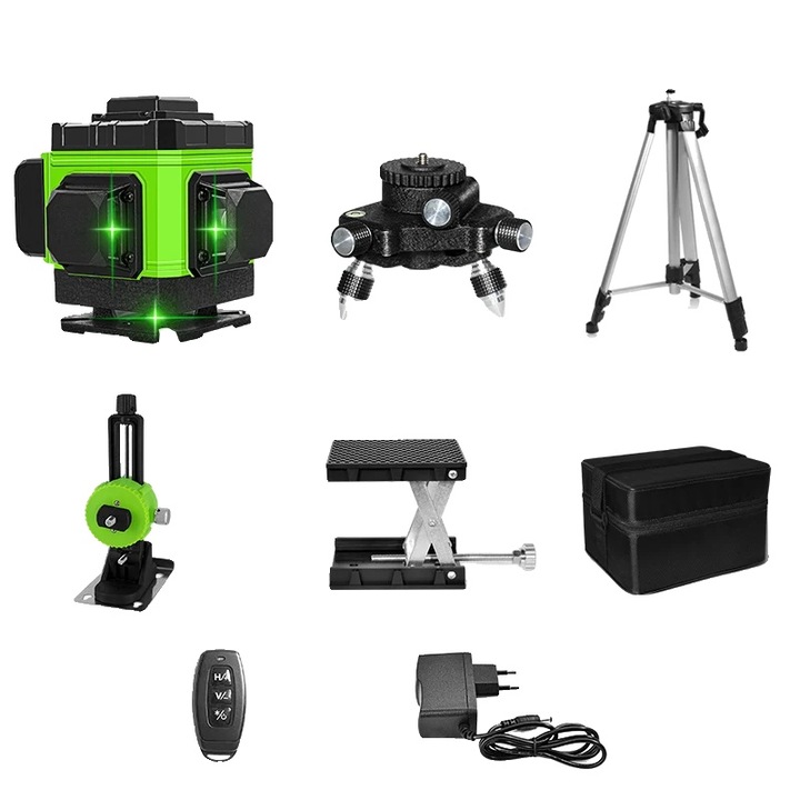 12 vonalas lézeres szintező, zöld, mágneses tartóval, távirányítóval, emelőplatformmal, táskával, töltővel, 1,5 m-es állvánnyal