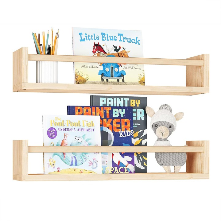 Rafturi pentru copii, set de 2, 16.5 inch, din lemn masiv, montate pe perete, decor pentru camera de copii