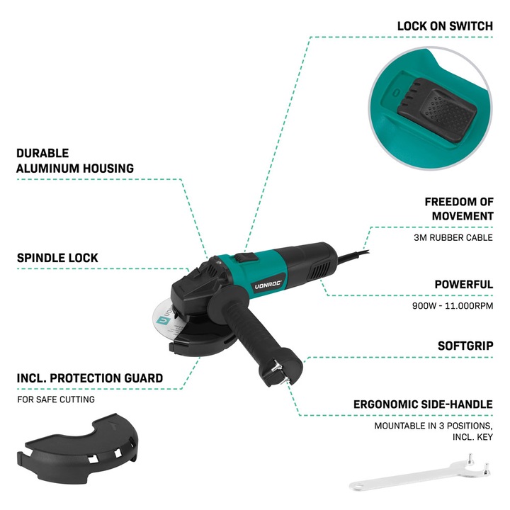 Polizor unghiular VONROC, AG508AC, 900W, disc 125mm, protectie la pornire accidentala, buton cu blocare
