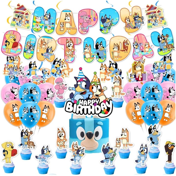 39 darabos Bluey témájú parti dekoráció, lufik, zászlók, többszínű szett