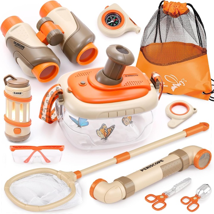 Set de cercetare pentru explorarea naturii 11 piese, XGETOP®, aventurier cu binoclu, lupa, recipiente pentru Insecte, Pesti, Plante, Busola, Telescop 8X, Promoveaza Invatarea Practica, Rucsac inclus