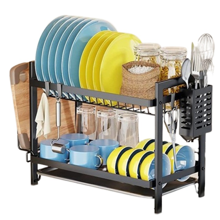 Scurgator vase, 2 niveluri, suport pentru tacamuri si tocator, 52.5x24.5x34cm, negru