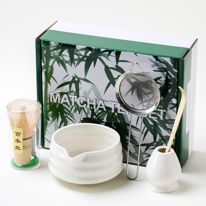 Set de ceai matcha 5 piese, puepoul, bol ceramic, tel de bambus, suport ceramic pentru tel, lingura, sita din otel inoxidabil, alb