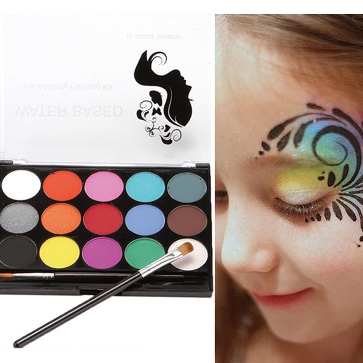 Set profesional de pictura pe fata si corp, copii, 15 culori, vopsea pe baza de apa, 2 pensule, non-toxic, 3 ani