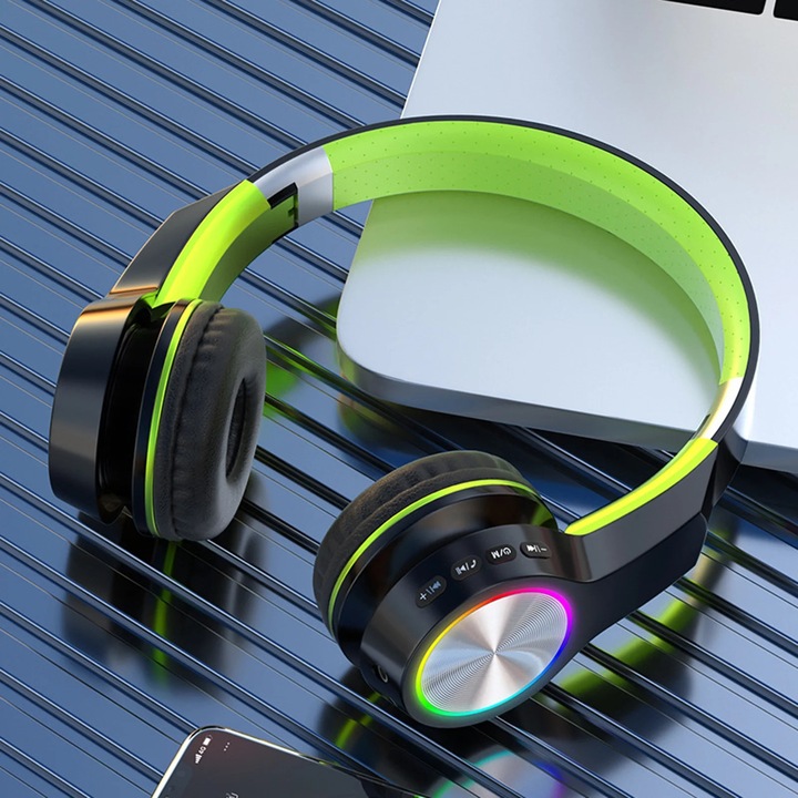 Casti wireless YANYXR Bluetooth 5.1, pliabile, usoare, verde, 18x13x9cm