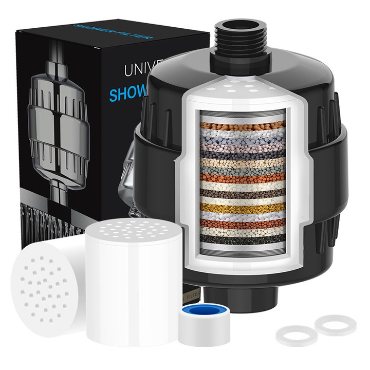 Филтър за вода за душ с 20 степени на филтрация, за твърда вода, висок дебит, премахва примеси, метали, хлор и неприятни миризми, с 2 включени патрона, черен