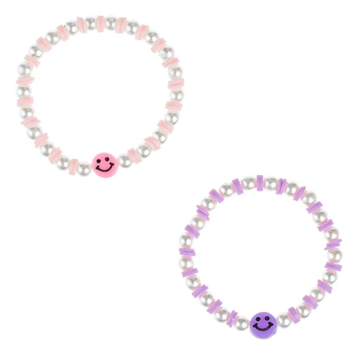 Bratari fetite set, margele albe, roz si lila, multicolor