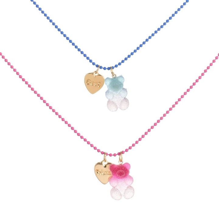 Set Coliere BFF cu Lant Roz Bleu Ursuleti Inimi Frosty Colorate - 2buc