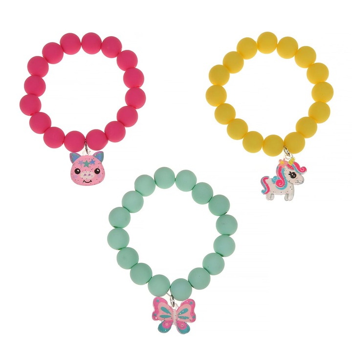 Brățări set multicolor cu margele pentru copii, 3buc, fucsia, galben, verde