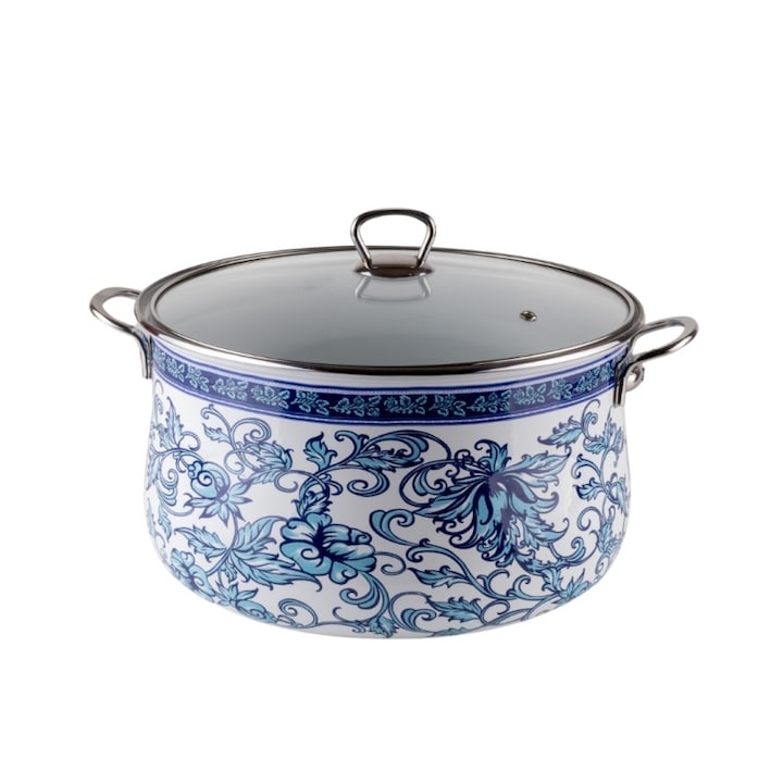 Goldmann zománcozott lábas, 26x16 cm, 8,5 literes, krómozott fogantyúkkal, üvegfedővel, indukciós tűzhelyhez is alkalmas, kék virágmintával