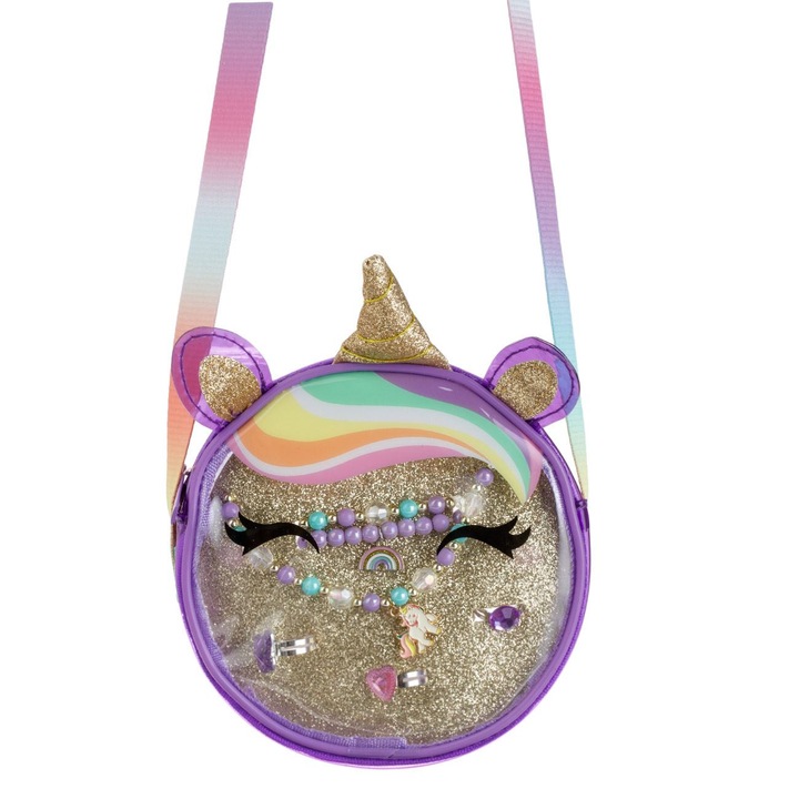 Set bijuterii in geanta transparenta unicorn 3d lila aurie glitter rainbow pentru copii ø13.5x4cm - 6 piese