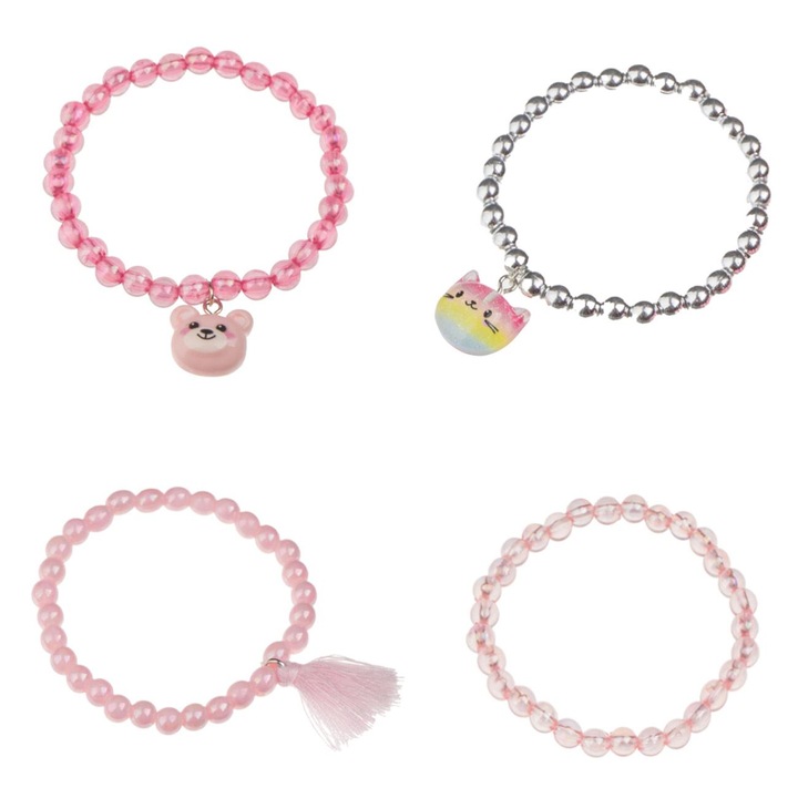 Set bratari roz cu margele argintii pandantiv ursulet pisica ciucure pentru copii - 4buc