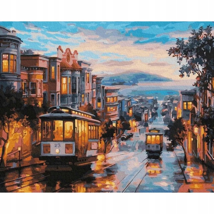 Set Pictura pe Numere cu Rama, San Francisco, Nerd Hunters, Panza, Vopsele Acrilice, Pensule, 50 cm x 40 cm