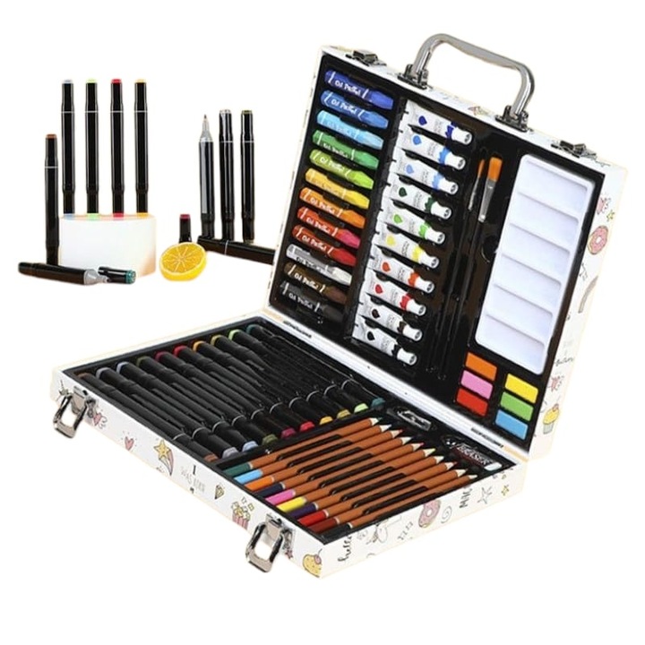 Set 53 Piese pentru Pictura si desen, cutie tip Servieta, Culori Vibrante, model Unicorn, Multicolor