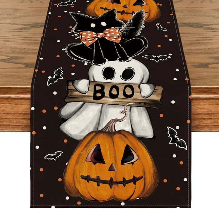 YANYXR Halloween asztali futó, poliészter, szellem, tök és denevér mintával, fekete, 4-6 személyes asztalhoz