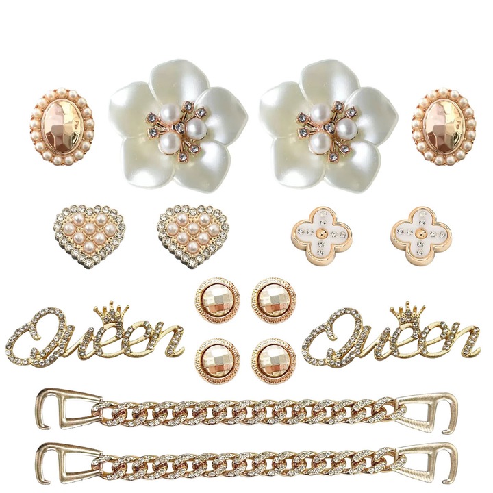 Аксесоари за обувки - Комплект от 16 аксесоара Jibbitz Crocs в елегантен стил с цветя, сърца, детелини, надпис "Кралица" и златна верижка от ABS злато с перли и лъскави камъни