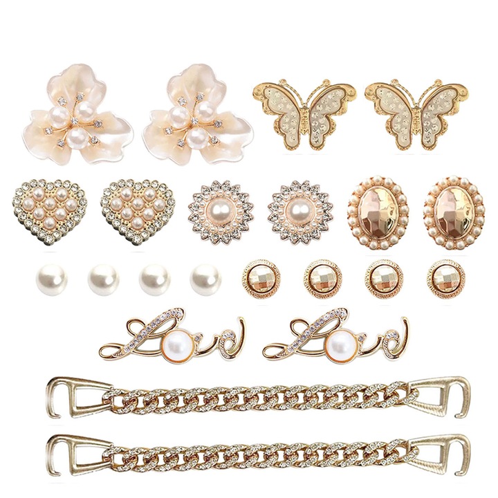 Аксесоари за обувки - Комплект от 22 Jibbitz Crocs аксесоари Глам стил с Цветя, Пеперуди, Сърца, Перли, Златна верижка и Надпис Love