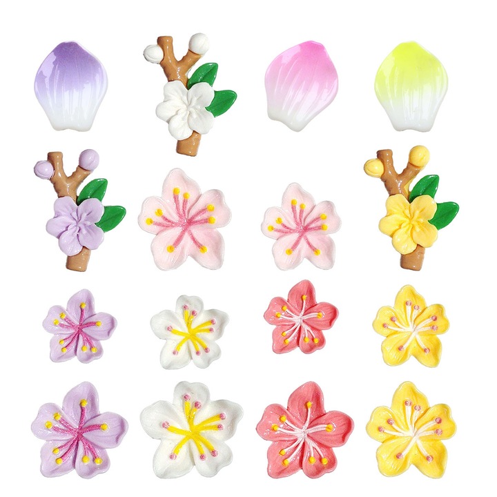 Аксесоари за обувки - Комплект от 16 аксесоара Jibbitz Crocs с цветна тематика на черешов цвят, изработени от прозрачна смола, сладък и пролетен стил