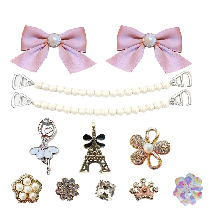 OEM Cipőkiegészítők - 12 darabos Jibbitz Crocs kiegészítő készlet, Elegáns stílus rózsaszín textil masnikkal, gyöngyökkel, lánccal és ABS balerina elemekkel