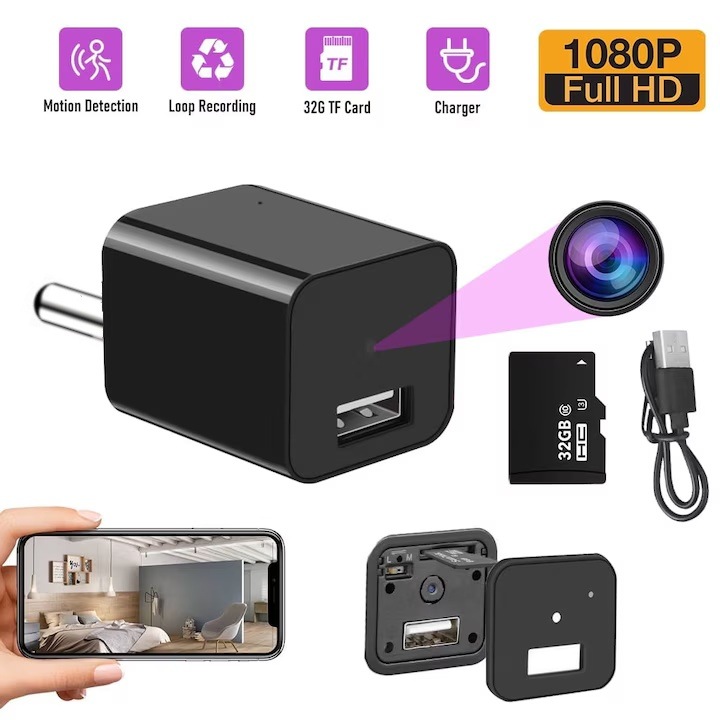 Mini camera cu video/audio HD 1080P, camere wireless WIFI cu incarcator USB pentru securitatea casei, card SD de 32G