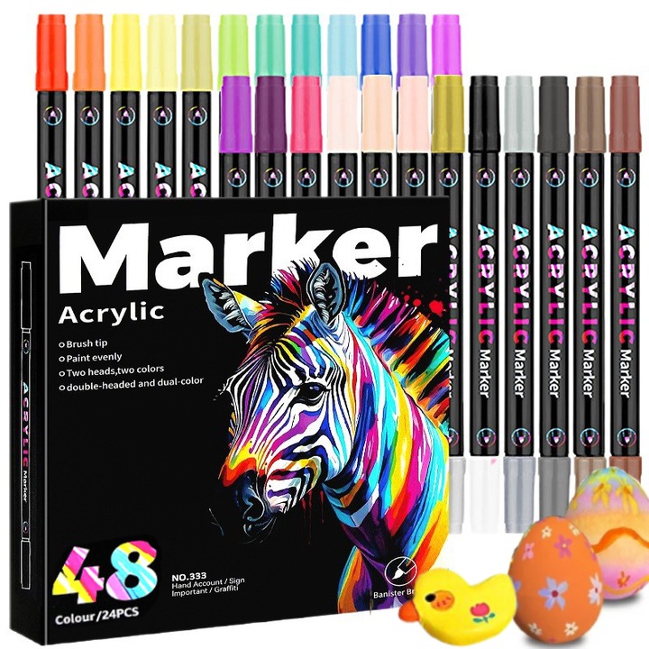 Set 24 Markere cu vopsea Acrilica, OEMG®, 48 Culori cu cerneala pe baza de apa, Rezistente la Apa, Uscare Rapida, Non-Toxice, pentru Sticla, Ceramica, Pietre, Lemn, Plastic, Hartie, Panza, Multicolor
