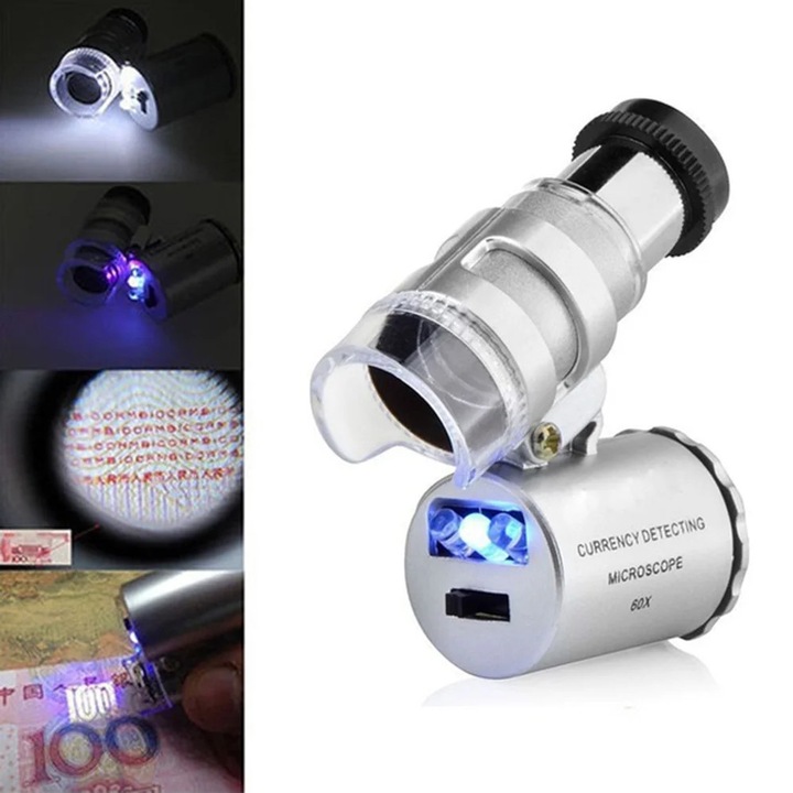 Lupa bijutier 60X cu LED UV, argintiu, 3.7x3.5x1.5cm, set cu husa