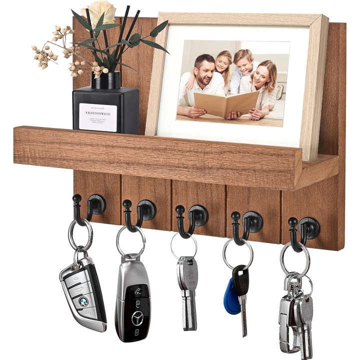 Държач за ключове, Buyya®, Кука за ключове, Премиум органайзер за стена 5-в-1, Табла за писма, Държач за ключове с рафт, Рафт за съхранение, Монтаж на стена, 5 куки, дърво, 25,5*18,5*10,5 см, Лесен за инсталиране, За коридора, всекидневната, кухнята