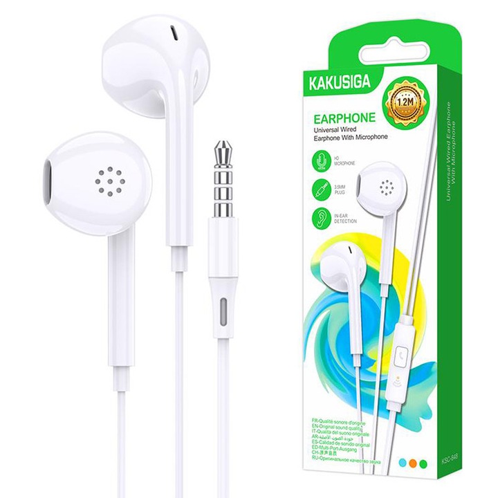 Casti cu Fir Kaku (KSC-848), In Ear, 3.5mm, 1.2m, Mic & Volume Key, White