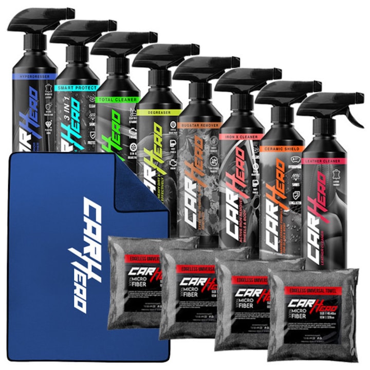 Pachet Mega XL, Car Hero, Leather Cleaner, Ceramic Shield, Iron X, Bug and Tar, Degreaser, Total Cleaner, Smart Protect V2.0, Hyperdresser, Prosop Ultra Abosrbant Albastru, 4 Lavete Microfibra, Solutii profesionale Detailing Auto, 500ml fiecare