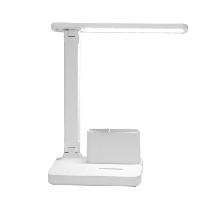 Настолна лампа YANYXR BCS2902727, бързо зареждане USB Type-C, AC контакт, батерия 4800mAh, 3 цветови температури, 3 нива на яркост, сгъваема, поставка за моливи, бяла