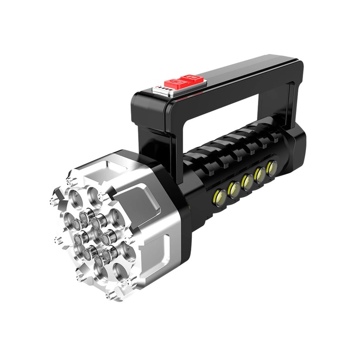 Lanterna LED YANYXR BCS3068403, 1000 lumeni, reincarcabila USB, zoomabila, 4 moduri cu afisaj baterie, baterie 1200 mAh inclusa, negru/argintiu