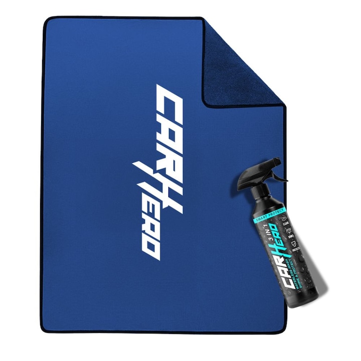 Pachet Dry & Protect, Car Hero, Soluție Curățare fără Apă, Prosop Microfibra Ultra Absorbant, Albastru, 95x65cm