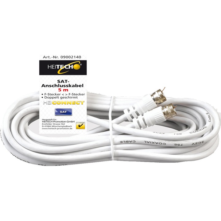 Коаксиален SAT кабел за телевизори HEITECH AT60 *921407 16037-RO DC, 5 m, F-конектор към F-конектор, Бял