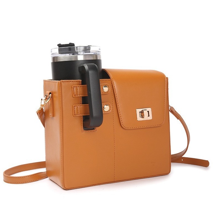 Geanta portabila pentru termos, cu curea, compatibila cu Stanley 40oz, 23.5x10.5x21 cm, maro