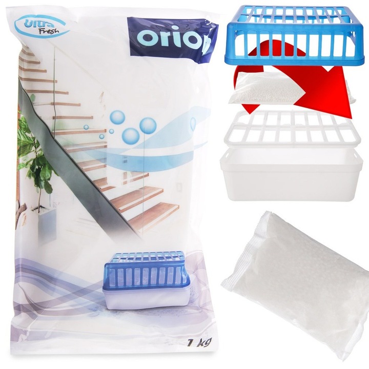 Комплект абсорбатори на влага, Orion, 1 кг, гранули калциев хлорид, без мирис, универсален, ефективен, издържа 2-5 месеца, бял