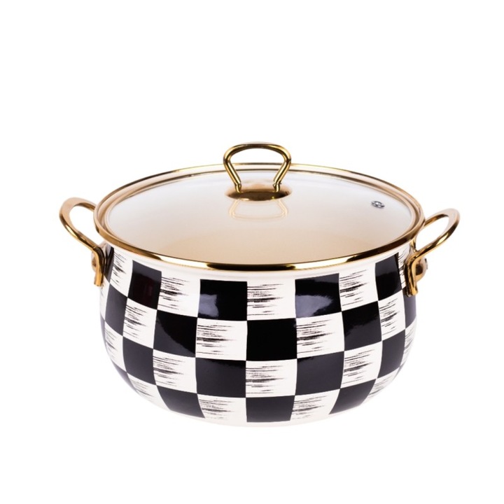 Емайлирана тенджера Goldmann, 20x13 см, 4 литра, златни титаниеви дръжки, стъклен капак, включително индукционна, бежова/черна