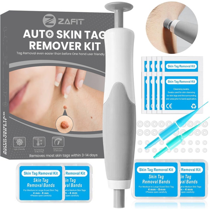 ZAFIT® bőrkinövés eltávolító készlet, arcra, nyakra, testre, 2-8 mm méretek, 10 db alkoholos törlőkendő, 40 db gumiszalag, 2 db fej, szürke
