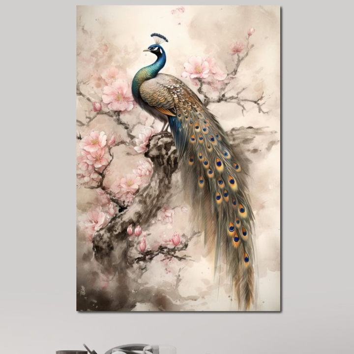 Tablou Canvas Premium, LuxCanva® M1012, Ecoul Penelor Imperiale, 100 X 150 CM, Panza Bumbac 100% 400g/m2, Sasiu Lemn, Gradina, Flori, Paun, Coada, Natura, Ramura, Nobil, Oriental, Pastel, Birou, Living, Camera Copii