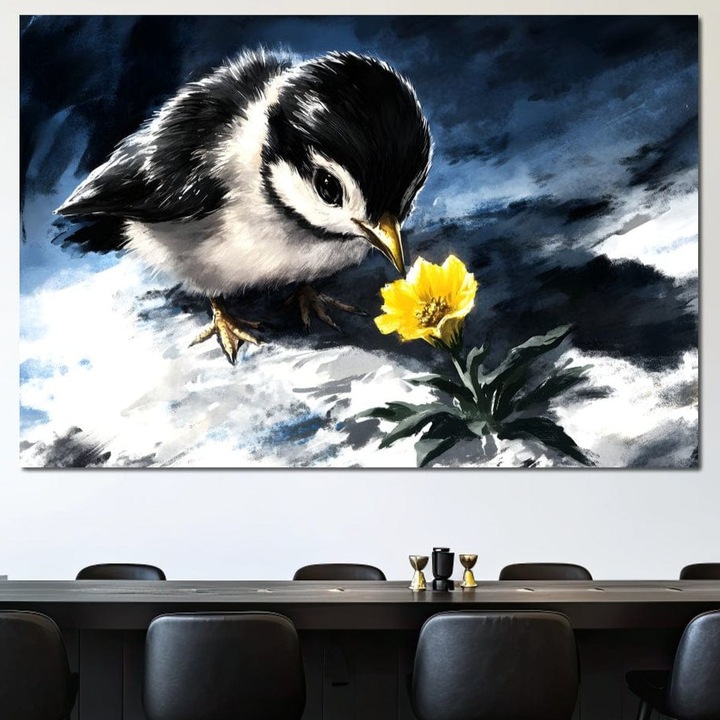 Tablou Canvas Premium, LuxCanva® M1013, Esenta Gingasiei, 40 X 60 CM, Panza Bumbac 100% 400g/m2, Sasiu Lemn, Pui, Floare, Inocenta, Copilarie, Puritate, Viata, Natura, Pasare, Fragil, Birou, Living, Camera Copii