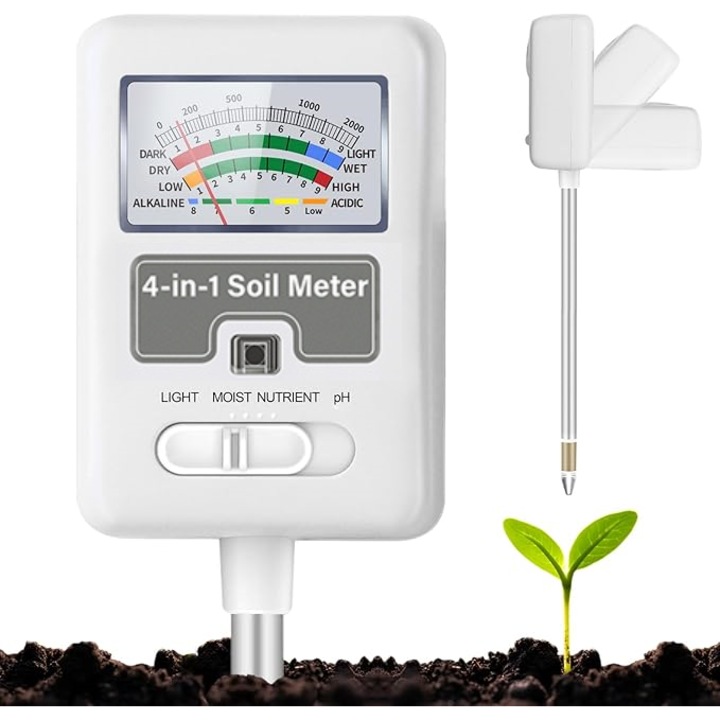 4 az 1-ben talajmérő, WALALLA, 90°-ban összecsukható, alkalmazásvezérléssel, Bluetooth-kapcsolattal, mezőgazdasághoz és kültéri növényekhez alkalmas, talajnedvesség-, fény-, tápanyag- és pH-teszter, fehér