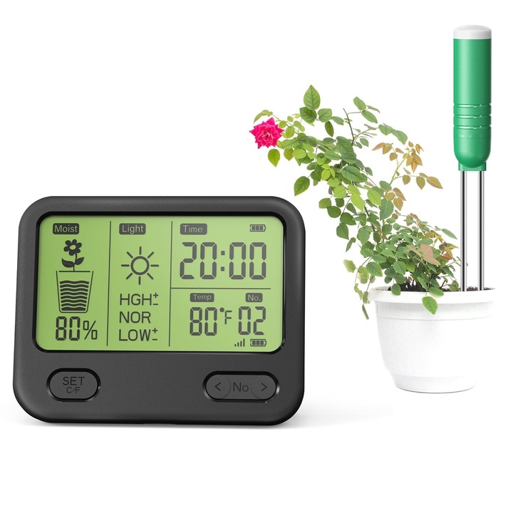 Contor de sol 4 in 1, WALALLA, afisaj LCD, functie de alarma pentru lipsa de apa, date de monitorizare de la distanta, conexiune wireless, potrivit pentru agricultura si plante de exterior, gradina si gazon, umiditate sol, lumina, temperatura