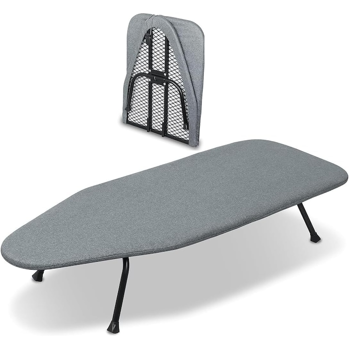 Fém asztali vasalódeszka, összecsukható, hőálló huzattal és vastag 100% pamut réteggel, fémhálós panellel, hordozható (81 × 30,5 × 15 cm)