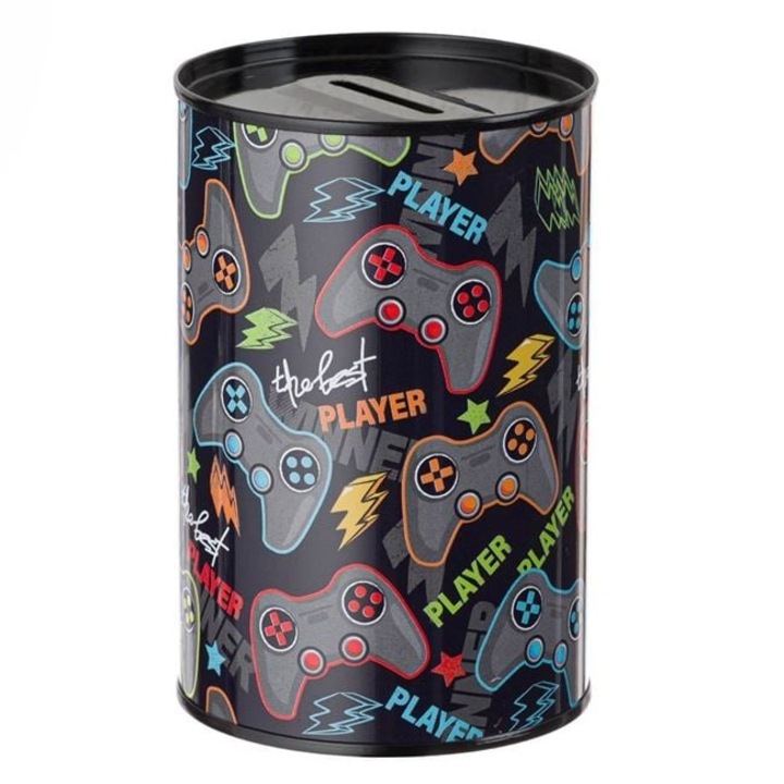 Fekete fém persely Gamer, 8x12.5cm, modern design