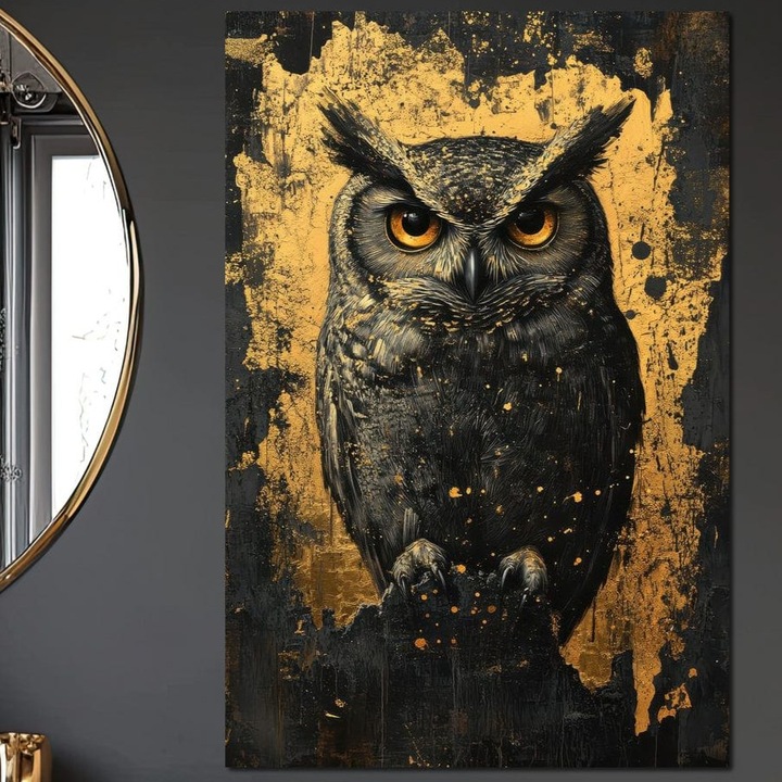 Tablou Canvas Premium, LuxCanva® M1015, Gardianul Noptii, 100 X 150 CM, Panza Bumbac 100% 400g/m2, Sasiu Lemn, Bufnita, Pasare, Ochi, Noapte, Mister, Intelepciune, Eleganta, Auriu, Negru, Birou, Living, Camera Copii