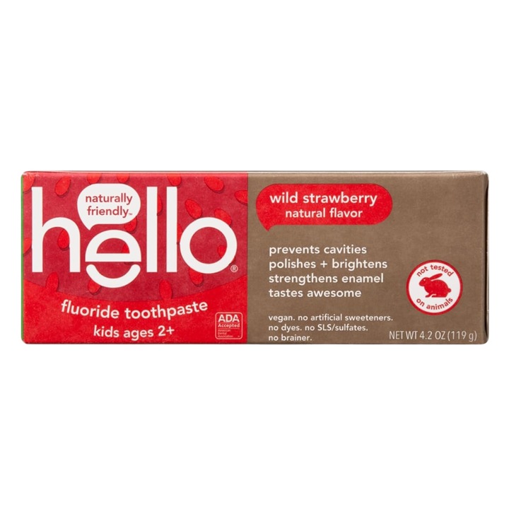 Паста за зъби, Hello, Горска Ягода, за Деца 2+ години, Предотвратява Кариеса и Заздравява Зъбния Емайл, с Флуор, аромат на Ягоди, 119гр