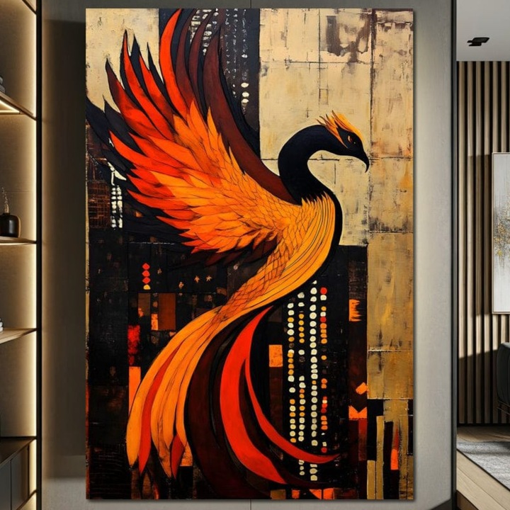 Tablou Canvas Premium, LuxCanva® M1016, Ascensiunea Phoenixului, 70 X 100 CM, Panza Bumbac 100% 400g/m2, Sasiu Lemn, Renastere, Aripi, Flacari, Pasare, Zbor, Mitologie, Eleganta, Birou, Living, Camera Copii
