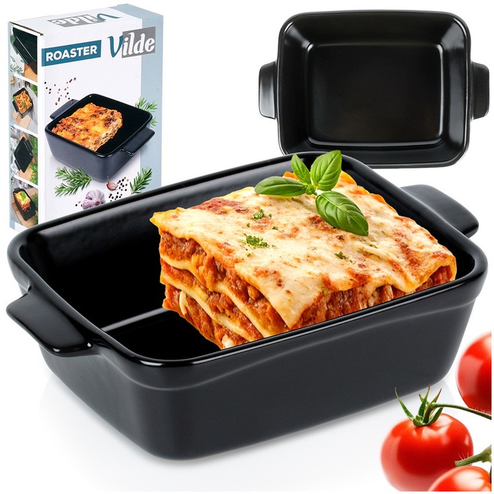 Sütőedény, Vilde, 16x11x4,5 cm, kerámia, hőálló 220°C-ig, kényelmes fogantyúk a hordozáshoz, univerzális használat, fekete