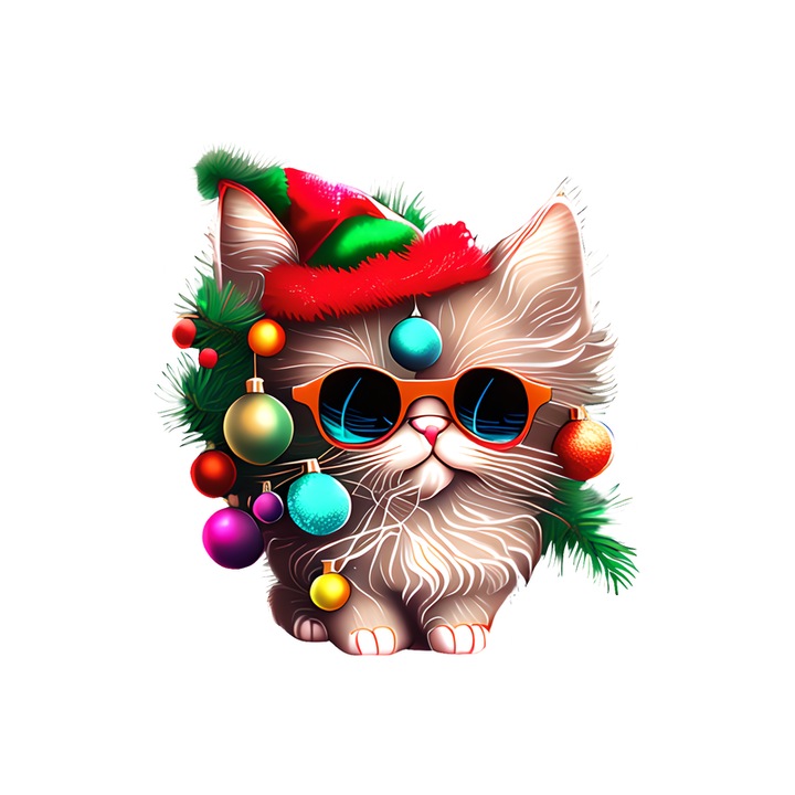 Sticker Pisica cu ochelari globuri si caciula Craciun, Autoadeziv, Cri-Flo, Marime 6 cm