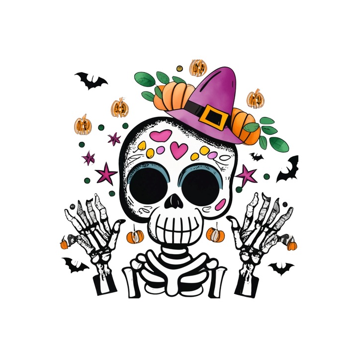 Sticker Craniu elegant cu joben stil dia de los muertos, Autoadeziv, Cri-Flo, Marime 6 cm